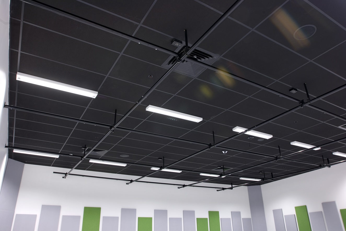 Hobsonville Point Intermediate music room showing Avant 15 Black ceiling installed into a grid & tile system.