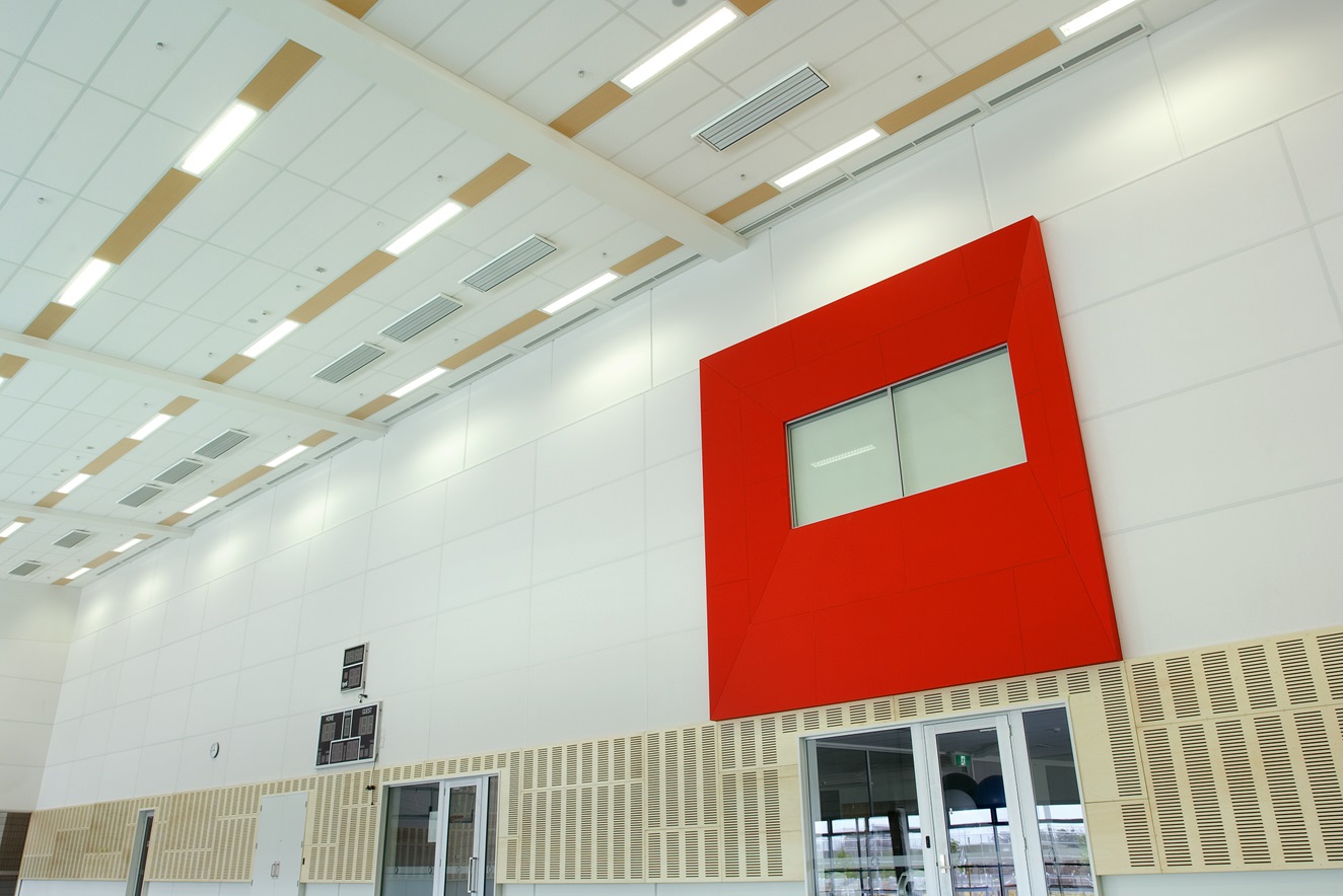 Hobsonville Point Intermediate School Gymnasium showing Triton Sports panels installed between lighting strips