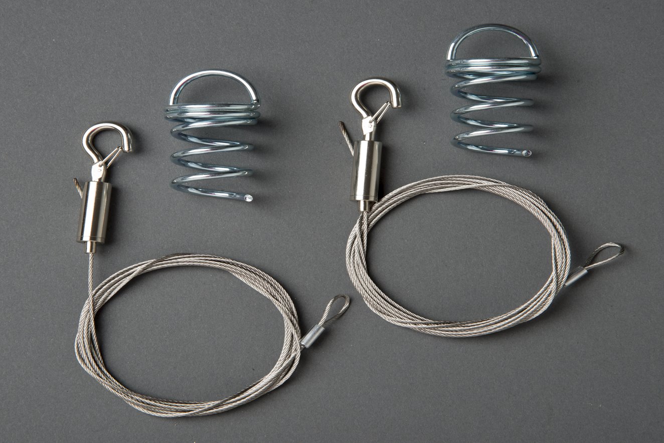 Cloud suspension kit showing 2 x spiral anchors, 2 x 2m wires with end loops and adjustable connectors